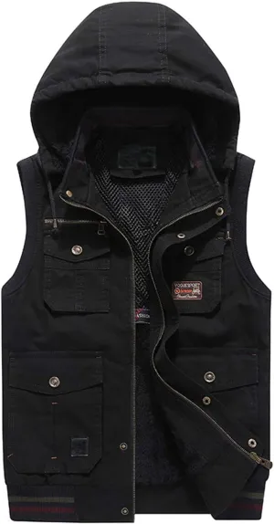 Flygo Men's Thickened Sherpa Lined Fishing Vest Outdoor Winter Warm Jacket with Removable Hood