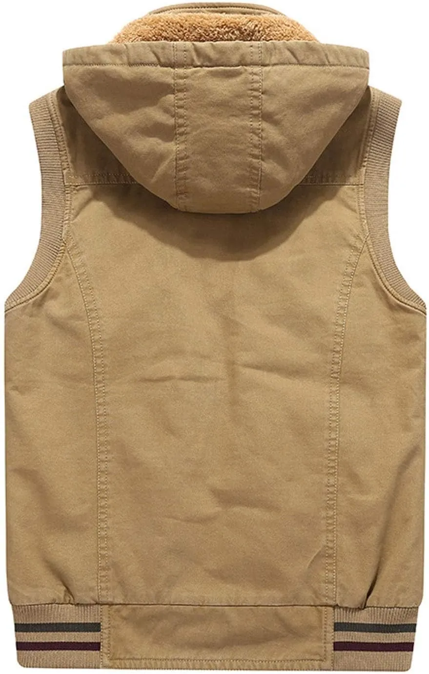 Flygo Men's Thickened Sherpa Lined Fishing Vest Outdoor Winter Warm Jacket with Removable Hood