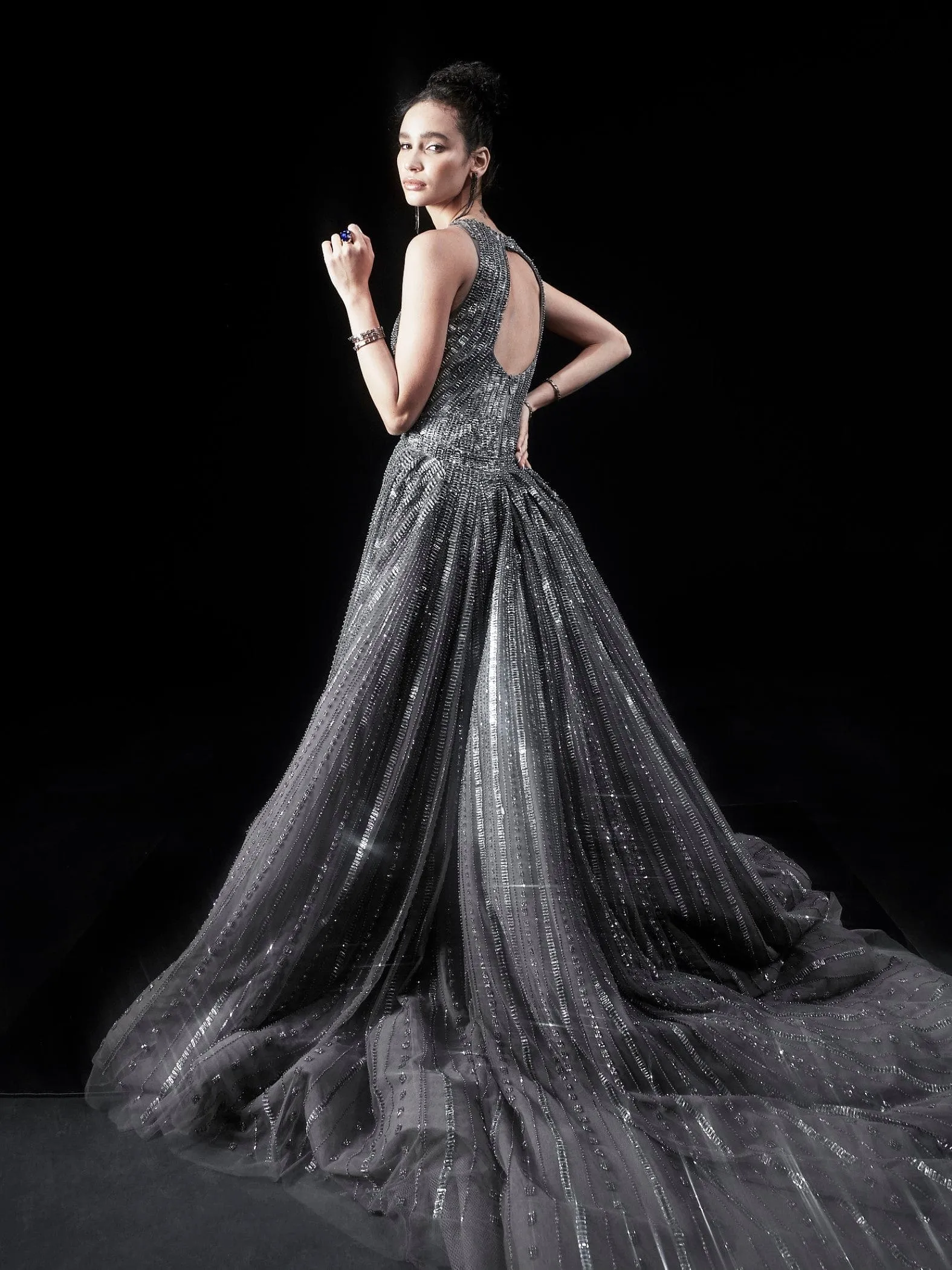 Fully Embellished crytsals And Metallic Stripes Gown