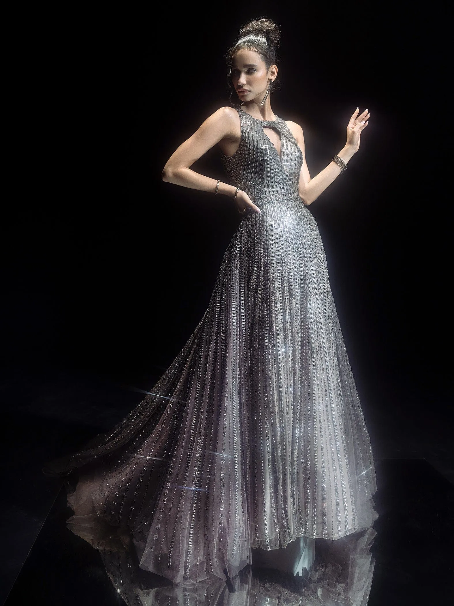 Fully Embellished crytsals And Metallic Stripes Gown