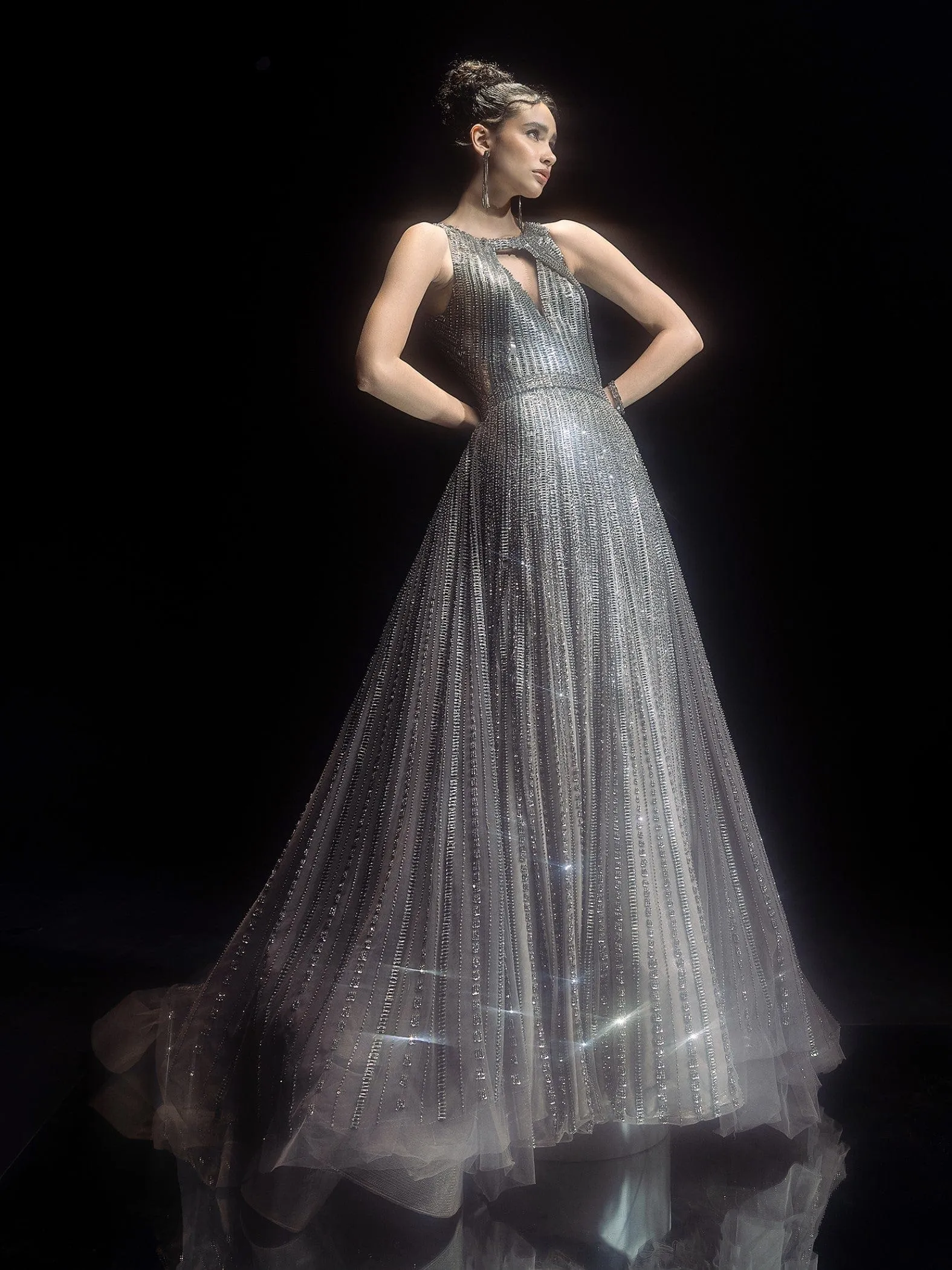 Fully Embellished crytsals And Metallic Stripes Gown