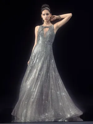 Fully Embellished crytsals And Metallic Stripes Gown