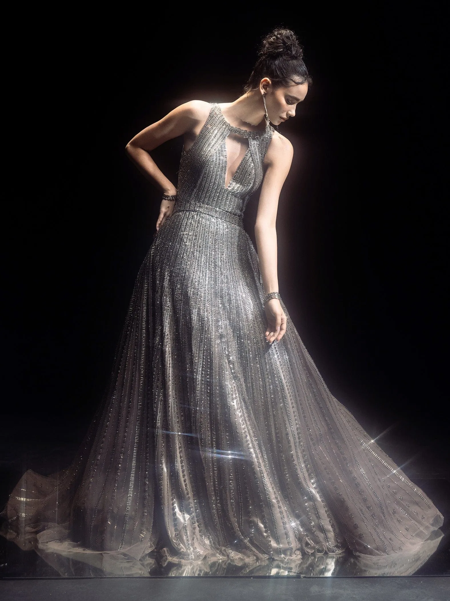 Fully Embellished crytsals And Metallic Stripes Gown