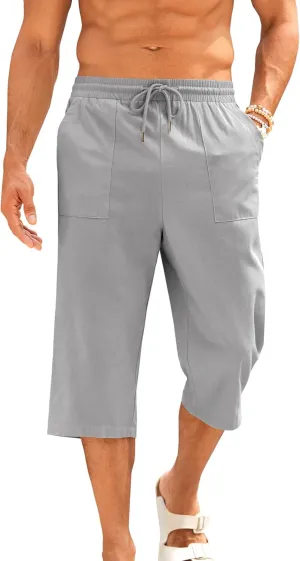 Gafeng Mens Cotton Linen Yoga Pants Elastic Drawstring Casual 3/4 Capri Shorts with Pockets