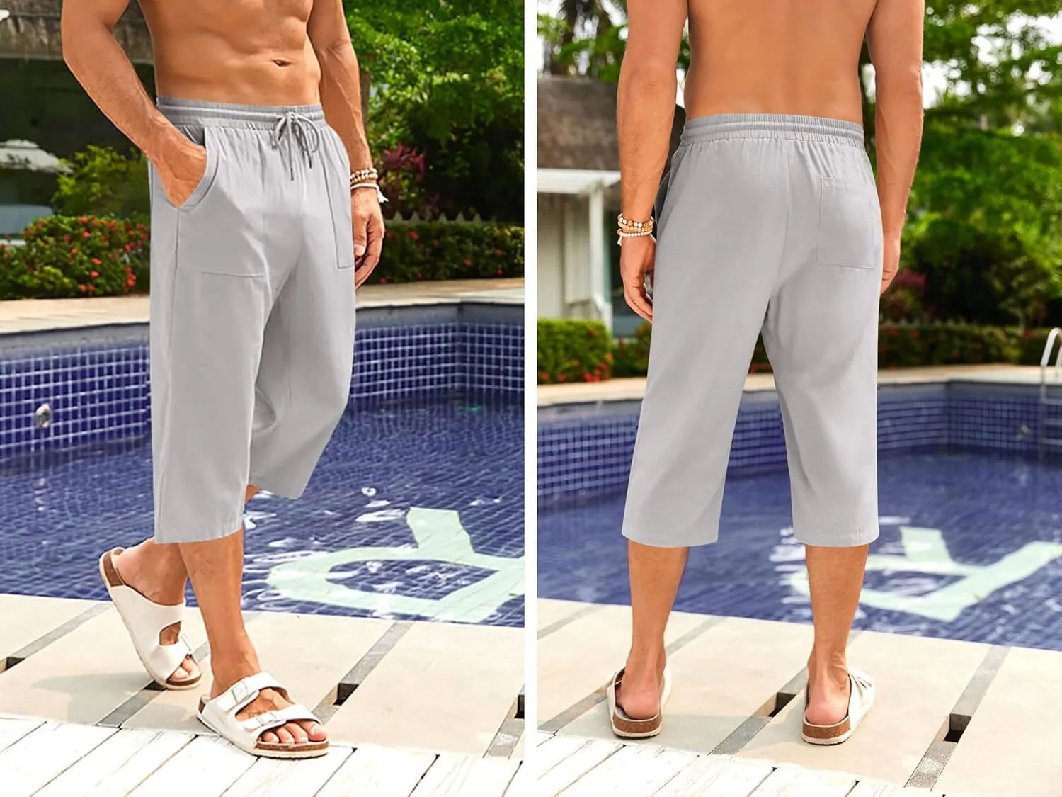 Gafeng Mens Cotton Linen Yoga Pants Elastic Drawstring Casual 3/4 Capri Shorts with Pockets
