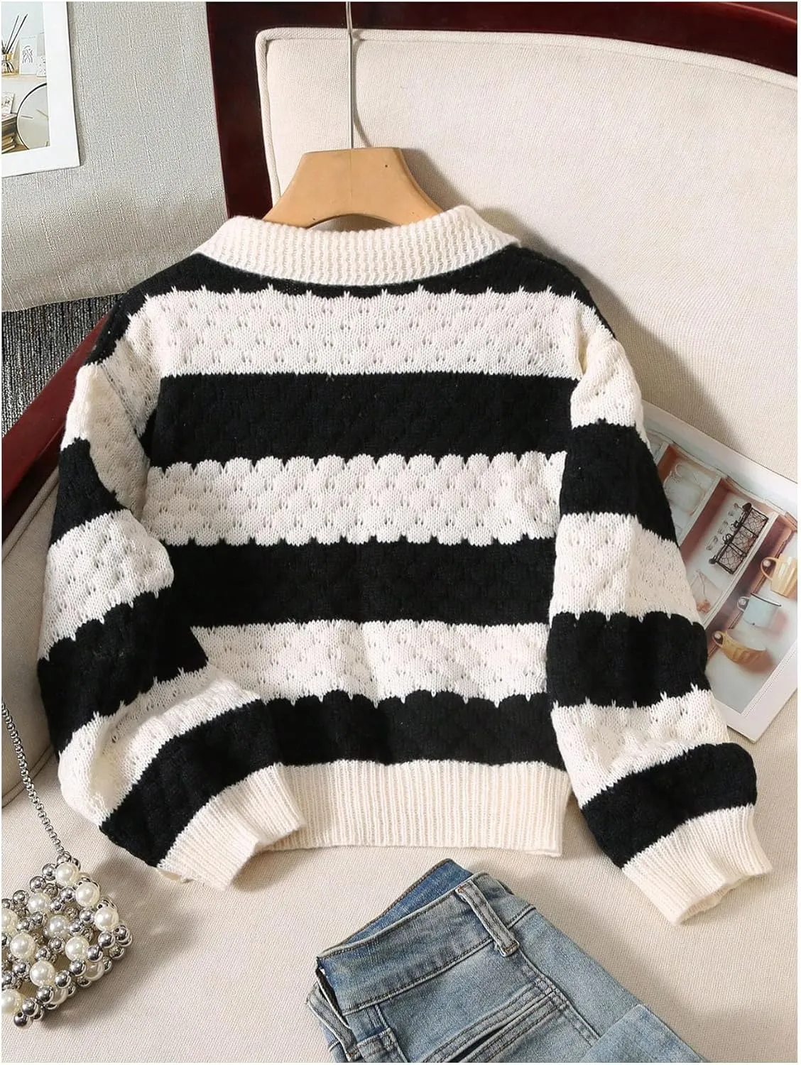 Girl's Striped Color Block Sweater Long Sleeve Collar V Neck Knitted Pullover Tops