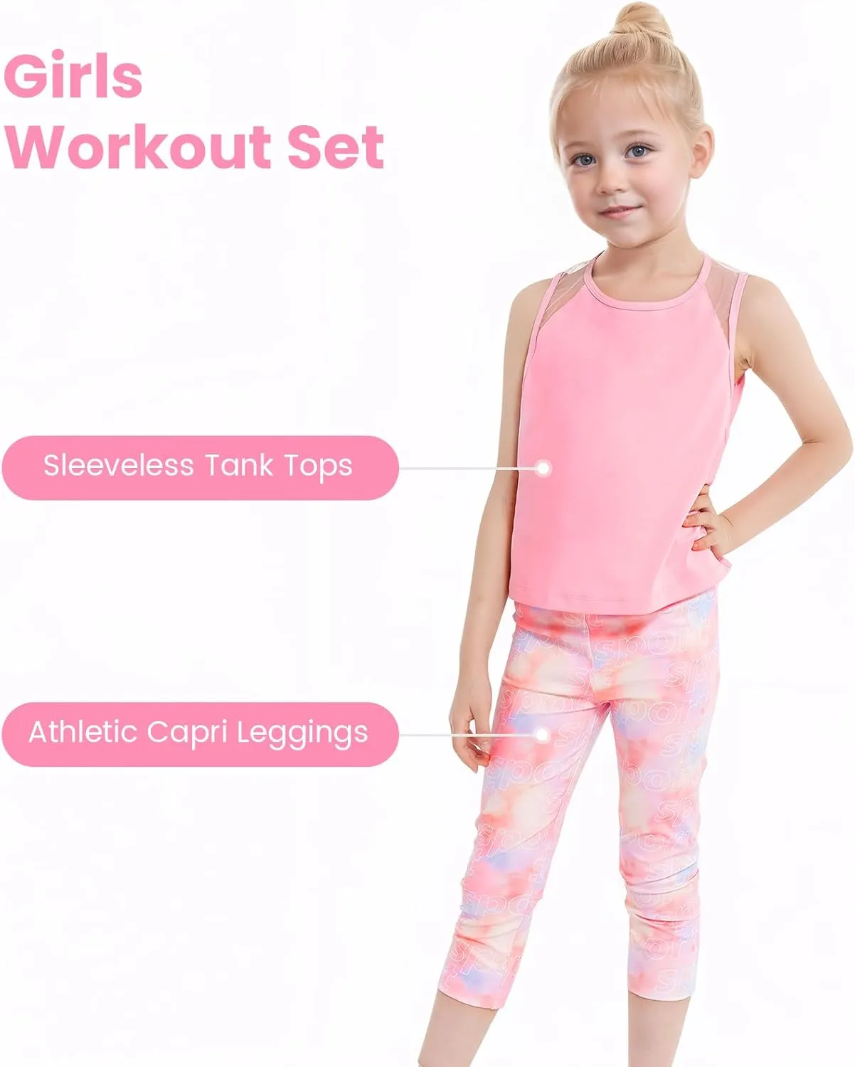 Gogokids Girls' Activewear Workout Set, 2 Piece Athletic Sets Sleeveless Tank Tops and Capri Leggings Yoga Pants