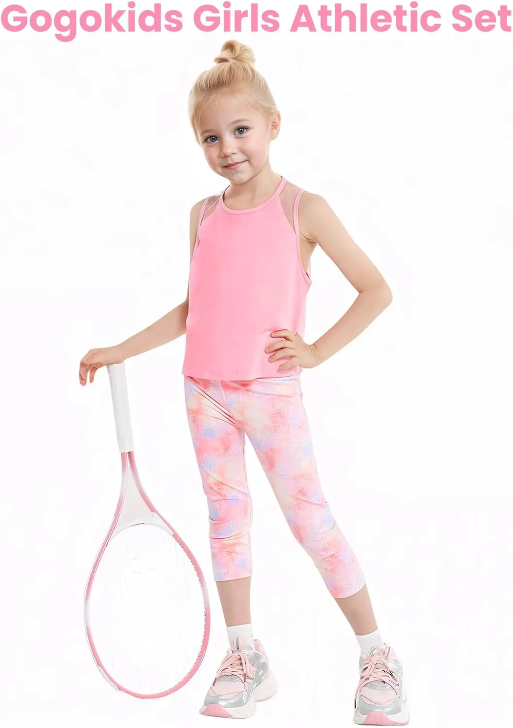 Gogokids Girls' Activewear Workout Set, 2 Piece Athletic Sets Sleeveless Tank Tops and Capri Leggings Yoga Pants