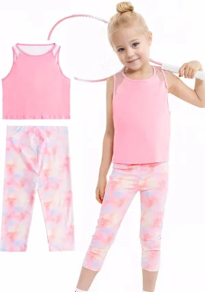 Gogokids Girls' Activewear Workout Set, 2 Piece Athletic Sets Sleeveless Tank Tops and Capri Leggings Yoga Pants