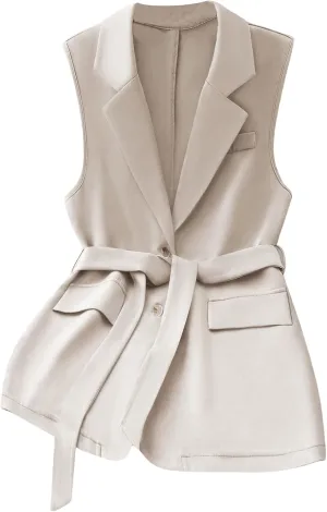 GORGLITTER Women's Belted Blazer Vest Lapel Sleeveless Elegant Dressy Blazer Jacket