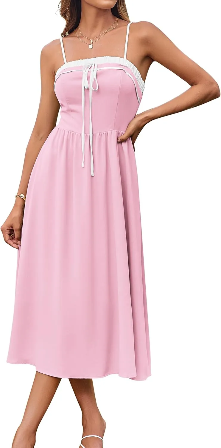 GRACE KARIN Women's 2025 Summer Spaghetti Strap Midi Dress Square Neck A Line Flowy Dress Tie Front Beach Sundress