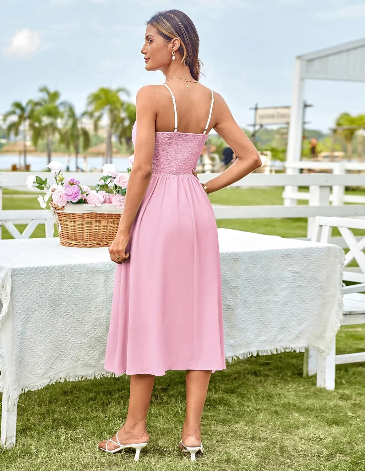 GRACE KARIN Women's 2025 Summer Spaghetti Strap Midi Dress Square Neck A Line Flowy Dress Tie Front Beach Sundress