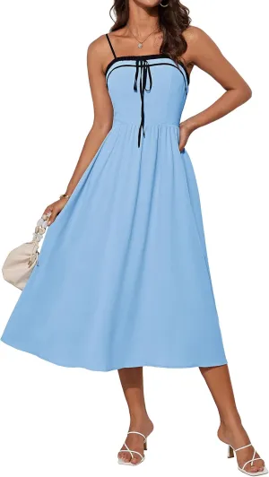 GRACE KARIN Women's 2025 Summer Spaghetti Strap Midi Dress Square Neck A Line Flowy Dress Tie Front Beach Sundress