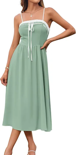 GRACE KARIN Women's 2025 Summer Spaghetti Strap Midi Dress Square Neck A Line Flowy Dress Tie Front Beach Sundress