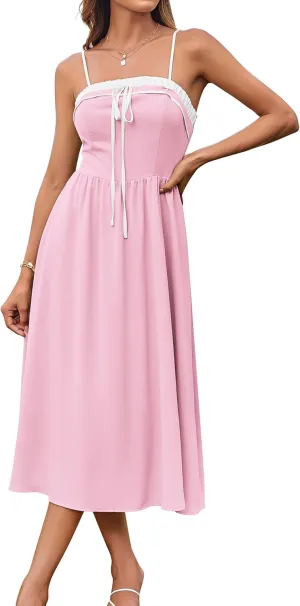 GRACE KARIN Women's 2025 Summer Spaghetti Strap Midi Dress Square Neck A Line Flowy Dress Tie Front Beach Sundress
