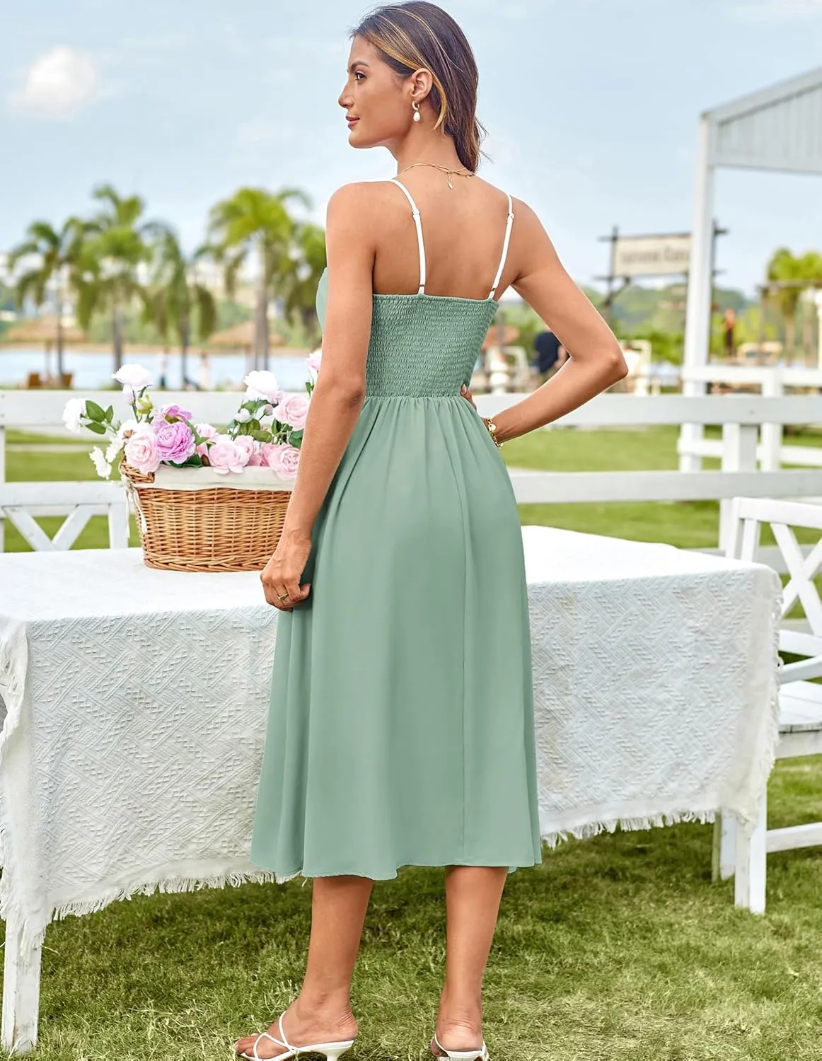 GRACE KARIN Women's 2025 Summer Spaghetti Strap Midi Dress Square Neck A Line Flowy Dress Tie Front Beach Sundress