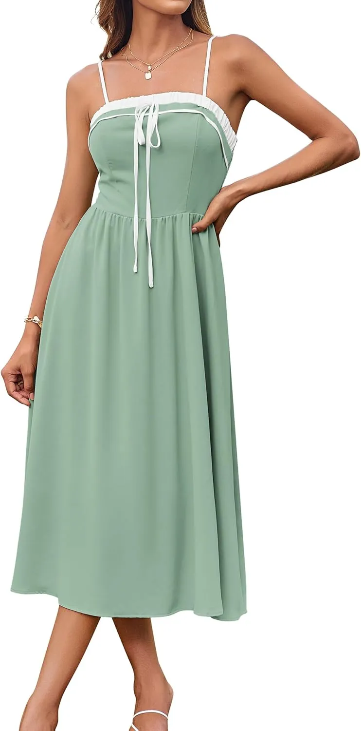 GRACE KARIN Women's 2025 Summer Spaghetti Strap Midi Dress Square Neck A Line Flowy Dress Tie Front Beach Sundress