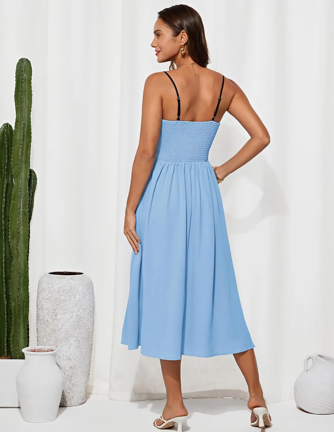 GRACE KARIN Women's 2025 Summer Spaghetti Strap Midi Dress Square Neck A Line Flowy Dress Tie Front Beach Sundress