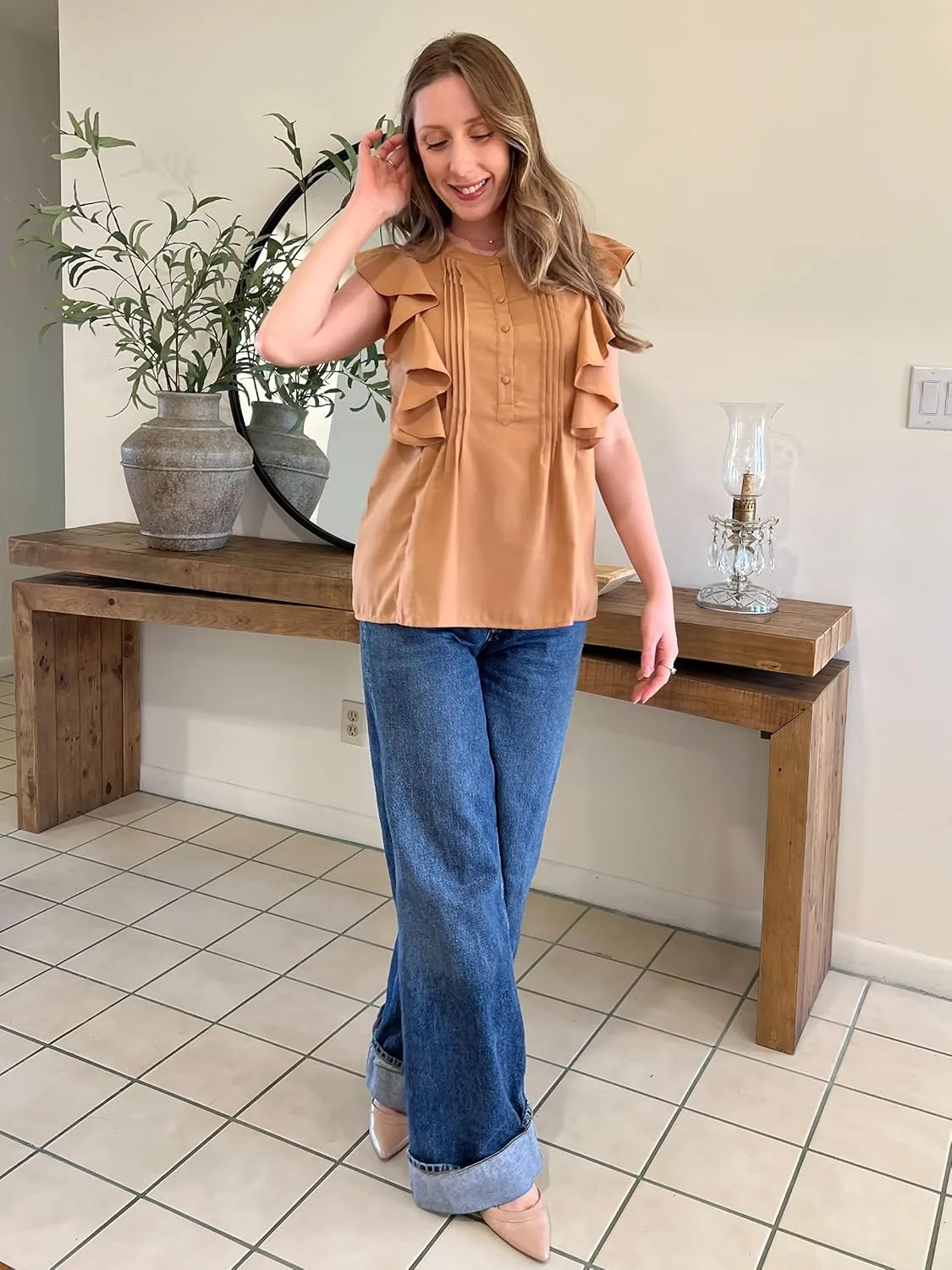 GRACE KARIN Women's Casual Tops 2025 Summer Trendy Ruffle Cap Sleeves Babydoll Blouse Crewneck Button Down Peplum Shirts