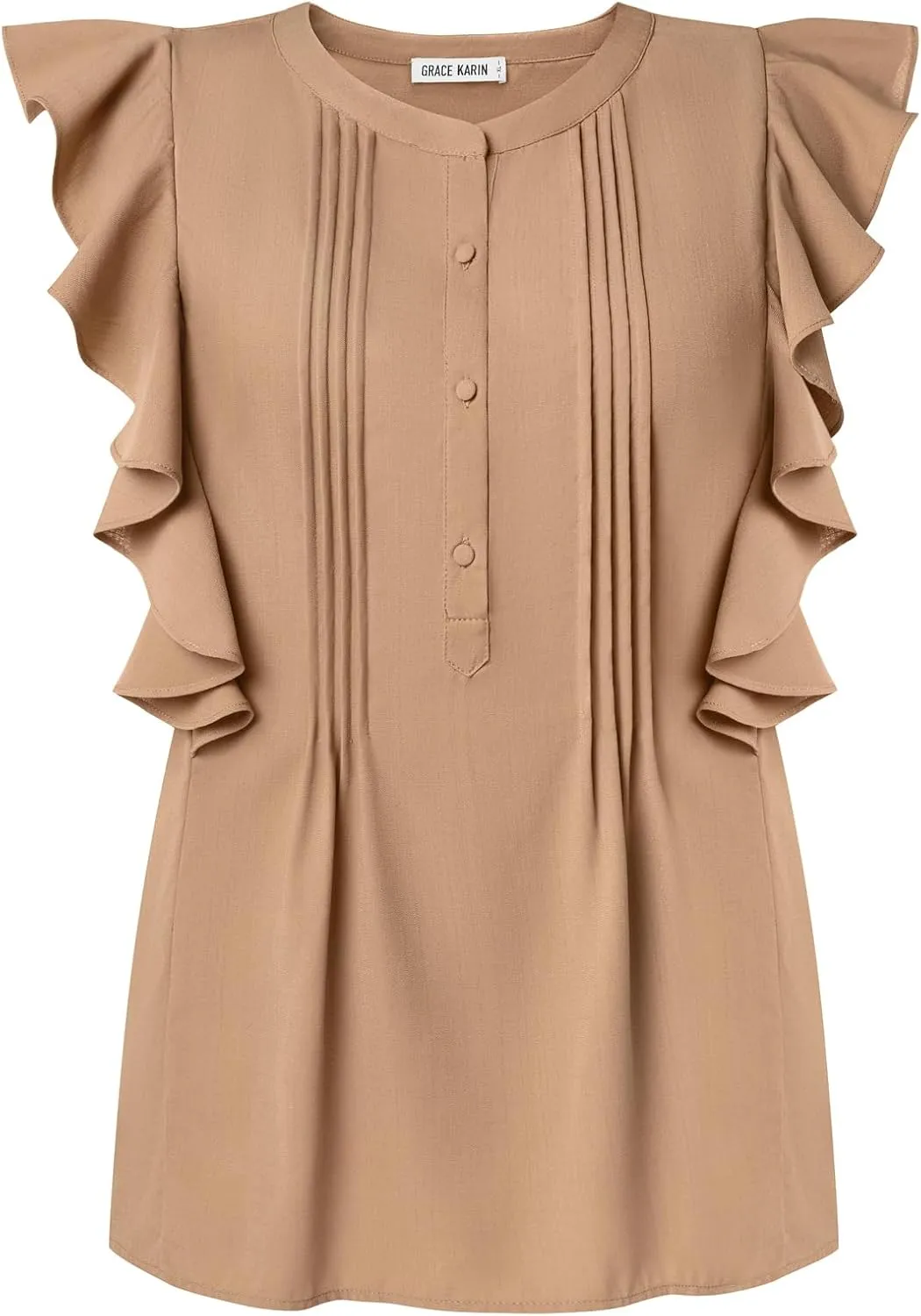 GRACE KARIN Women's Casual Tops 2025 Summer Trendy Ruffle Cap Sleeves Babydoll Blouse Crewneck Button Down Peplum Shirts