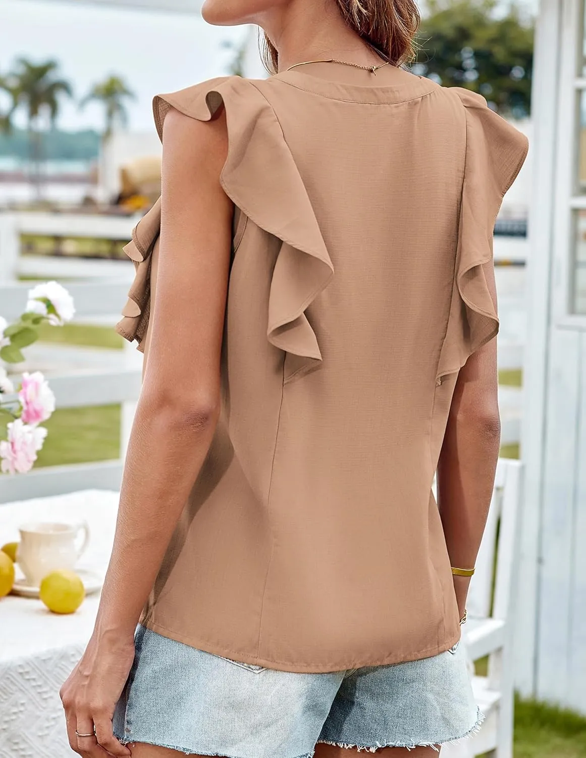 GRACE KARIN Women's Casual Tops 2025 Summer Trendy Ruffle Cap Sleeves Babydoll Blouse Crewneck Button Down Peplum Shirts