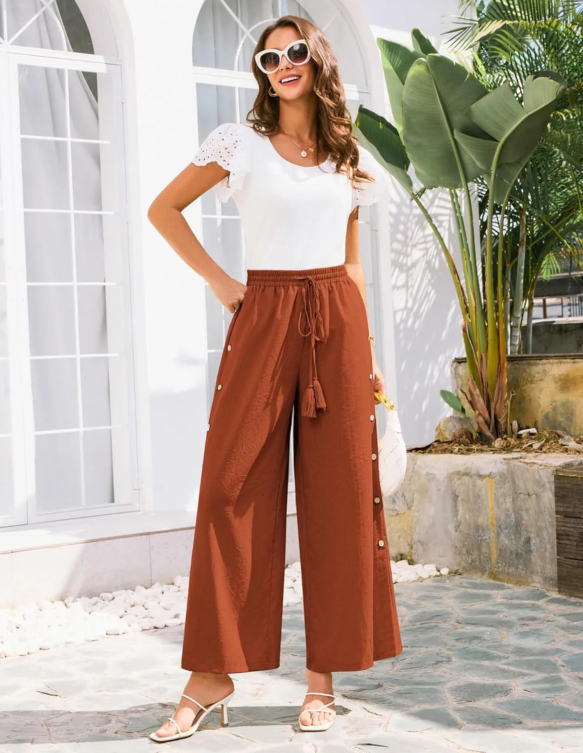 GRACE KARIN Women's Summer Wide Leg Pants High Waisted Palazzo Pants Caual Flowy Beach Trousers with Pockets