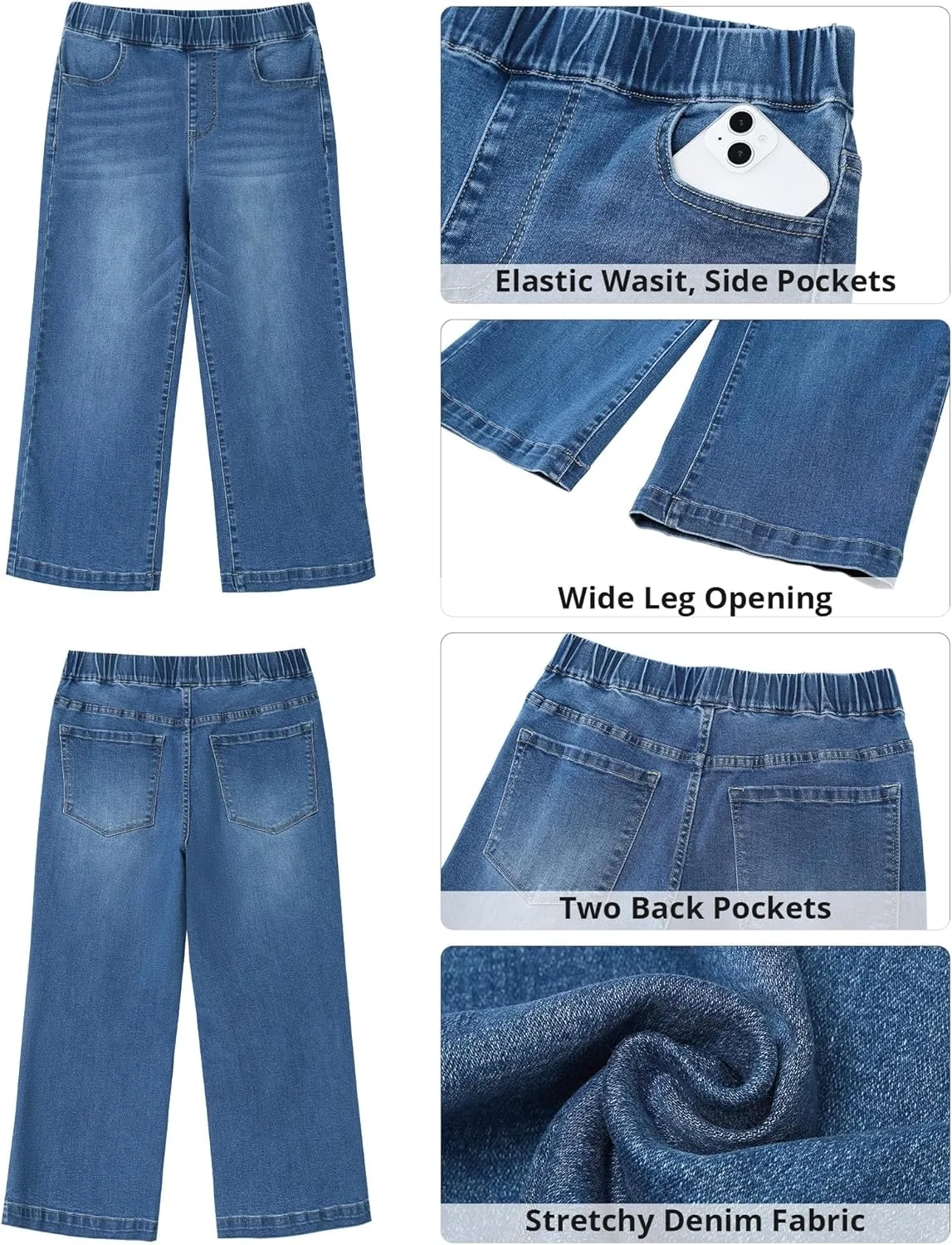 GRAPENT Capri Jeans for Women Wide Leg High Waisted Effortless Flow Pull On Stretchy Denim Elastic Waist Pants with Pockets