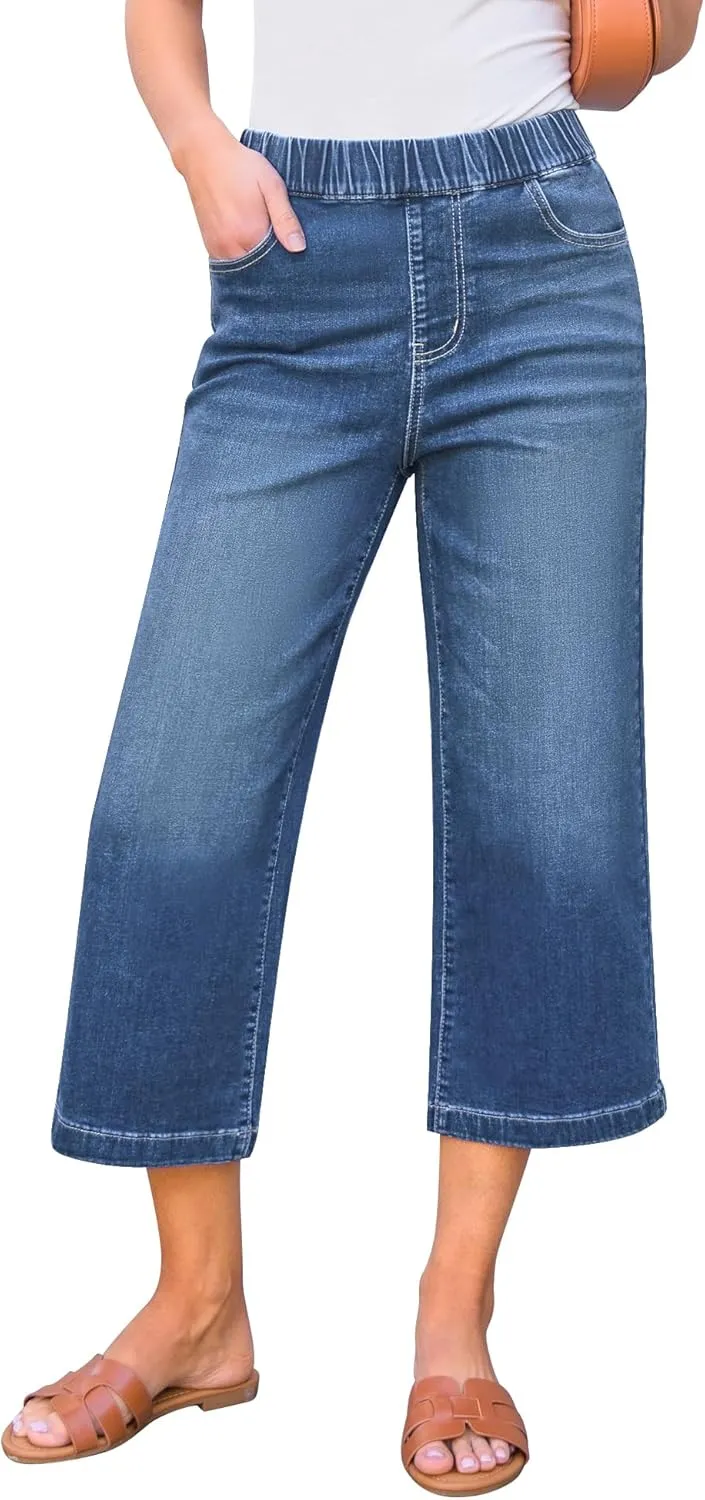 GRAPENT Capri Jeans for Women Wide Leg High Waisted Effortless Flow Pull On Stretchy Denim Elastic Waist Pants with Pockets