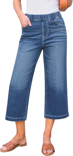 GRAPENT Capri Jeans for Women Wide Leg High Waisted Effortless Flow Pull On Stretchy Denim Elastic Waist Pants with Pockets