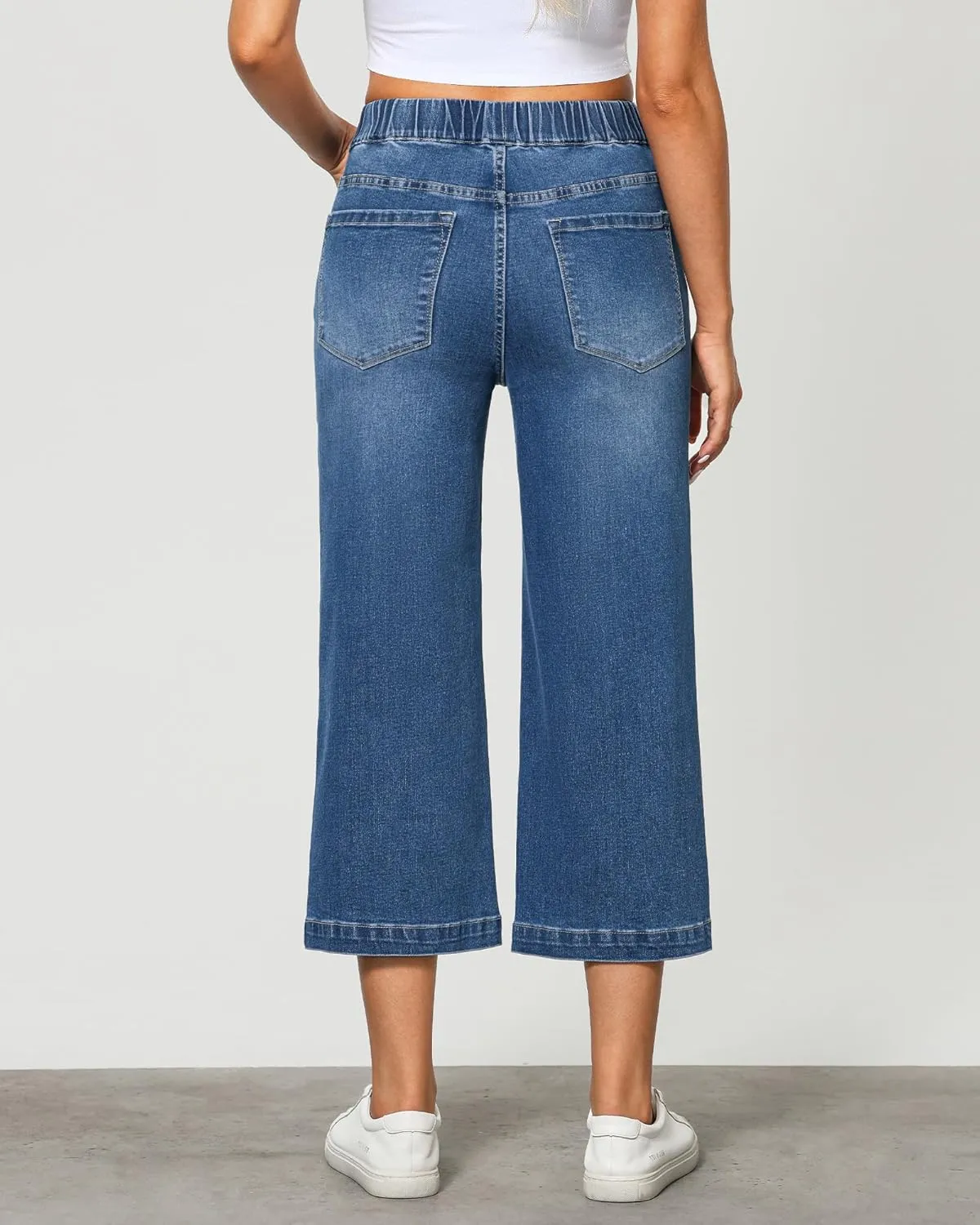 GRAPENT Capri Jeans for Women Wide Leg High Waisted Effortless Flow Pull On Stretchy Denim Elastic Waist Pants with Pockets