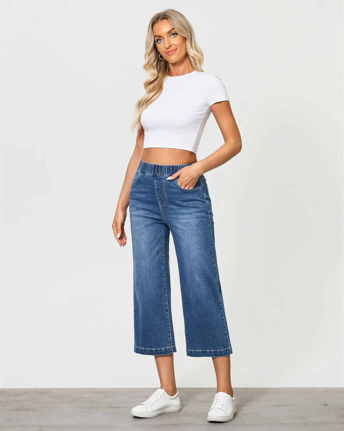 GRAPENT Capri Jeans for Women Wide Leg High Waisted Effortless Flow Pull On Stretchy Denim Elastic Waist Pants with Pockets