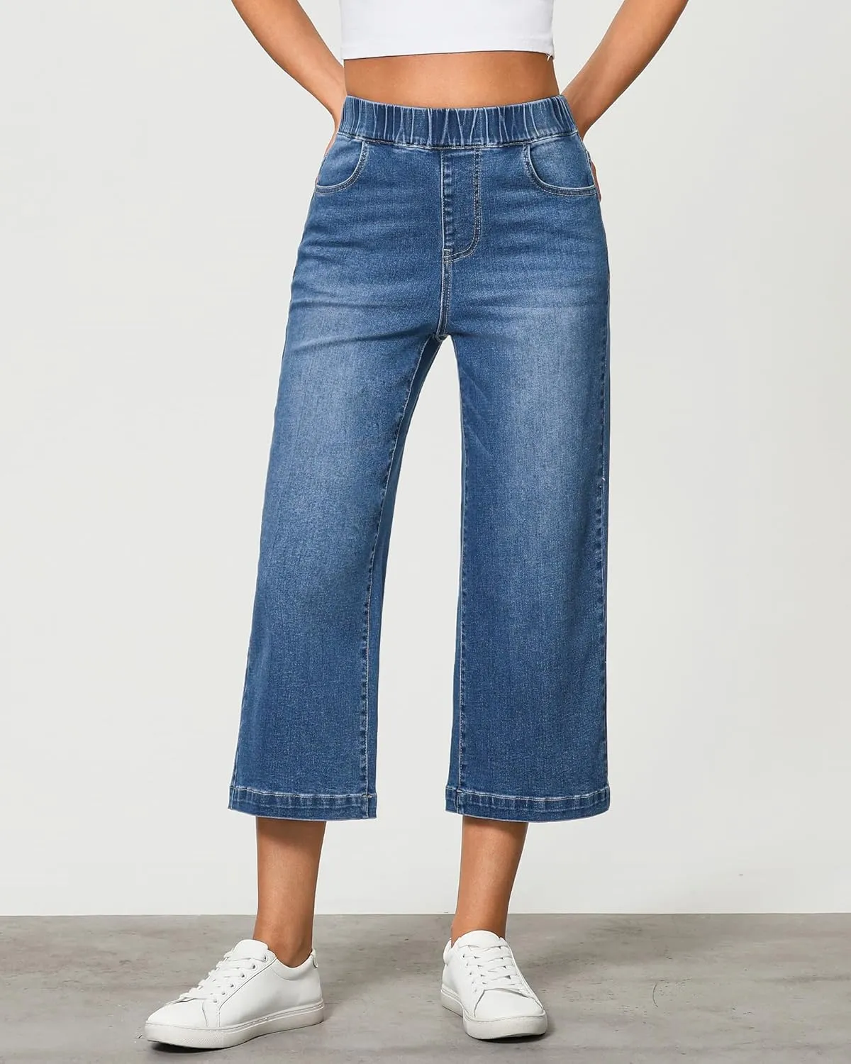 GRAPENT Capri Jeans for Women Wide Leg High Waisted Effortless Flow Pull On Stretchy Denim Elastic Waist Pants with Pockets