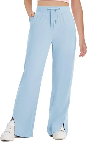 Haloumoning Girls Wide Leg Yoga Pants Kids Dry Fit Drawstring Side Slit Trouser Pants 5-14 Years