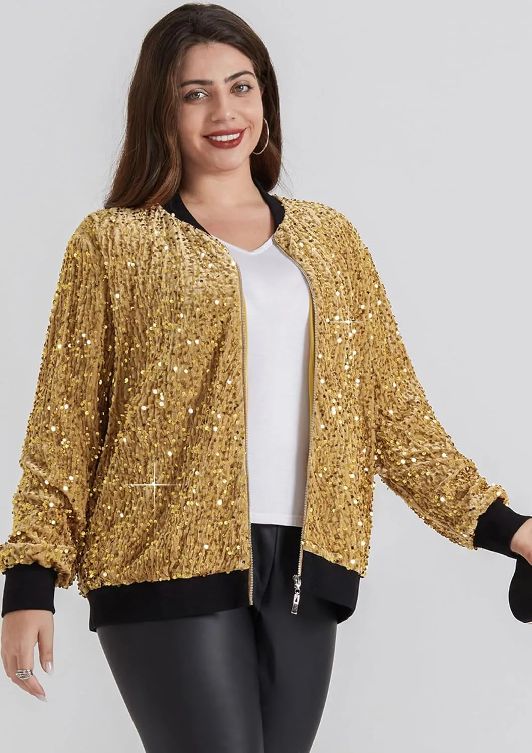 Hanna Nikole Women Plus Size Sequin Bomber Jacket Casual Long Sleeve Sparkly Blazer Bomber Jacket with Pockets for Party