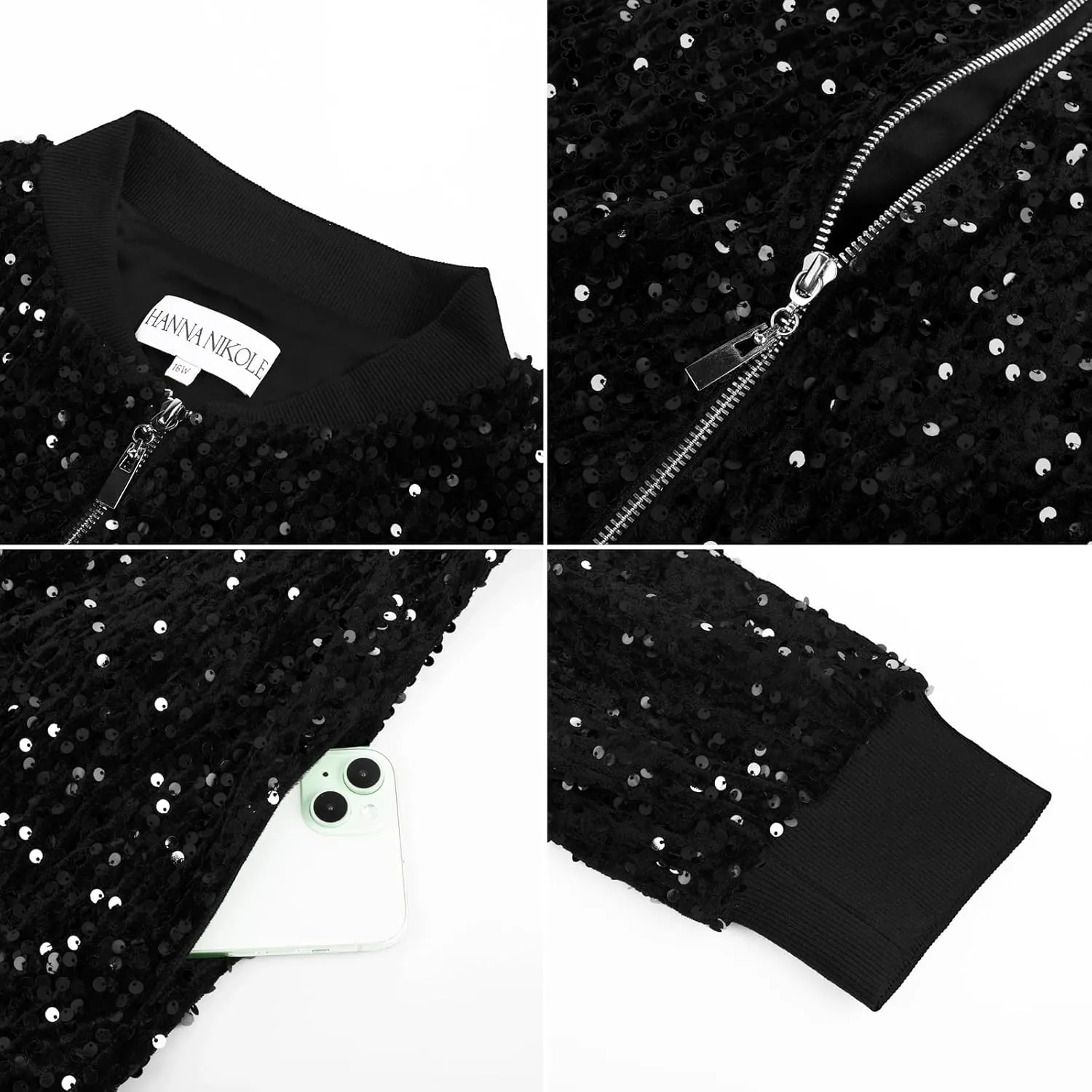Hanna Nikole Women Plus Size Sequin Bomber Jacket Casual Long Sleeve Sparkly Blazer Bomber Jacket with Pockets for Party