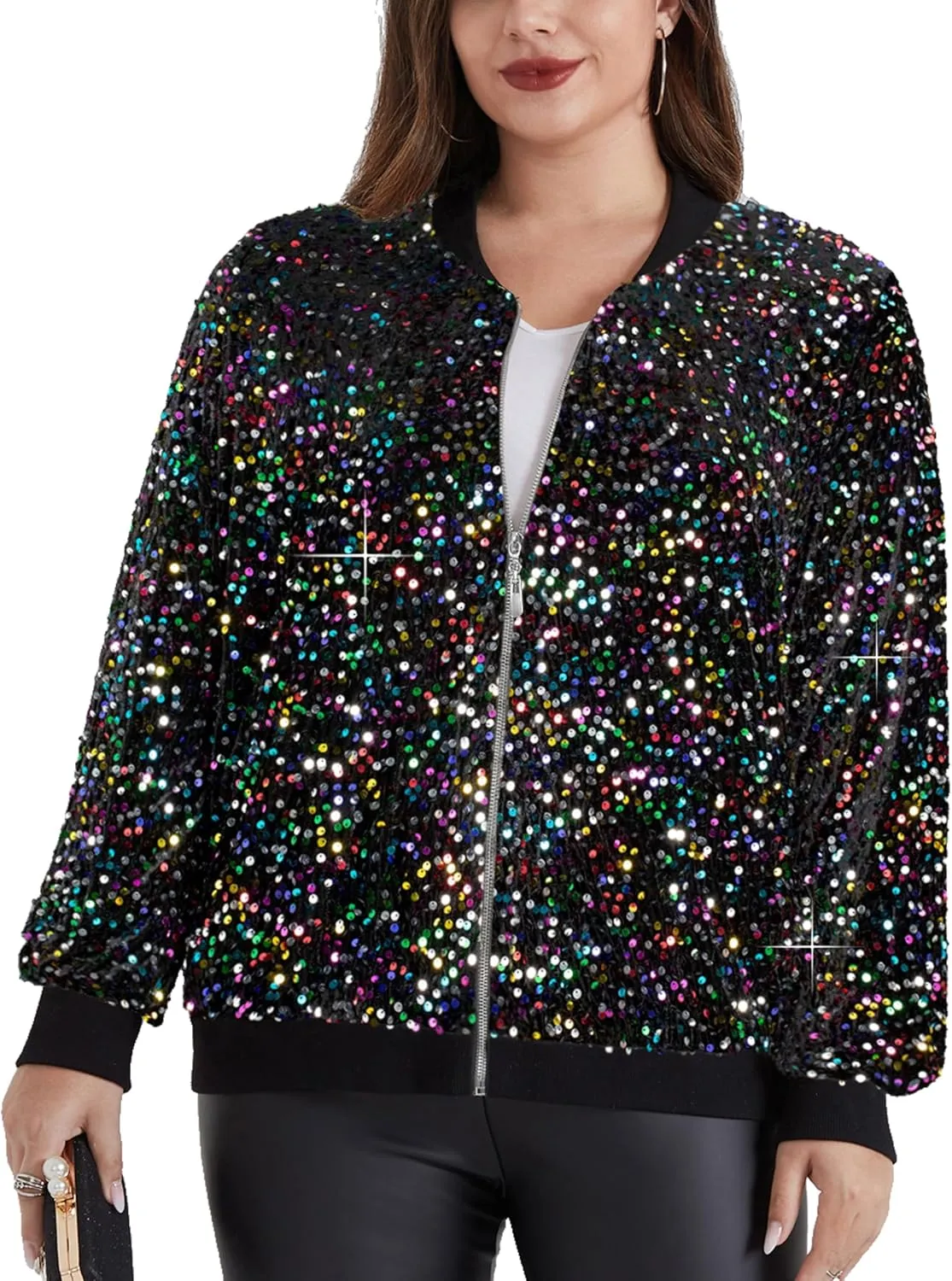 Hanna Nikole Women Plus Size Sequin Bomber Jacket Casual Long Sleeve Sparkly Blazer Bomber Jacket with Pockets for Party