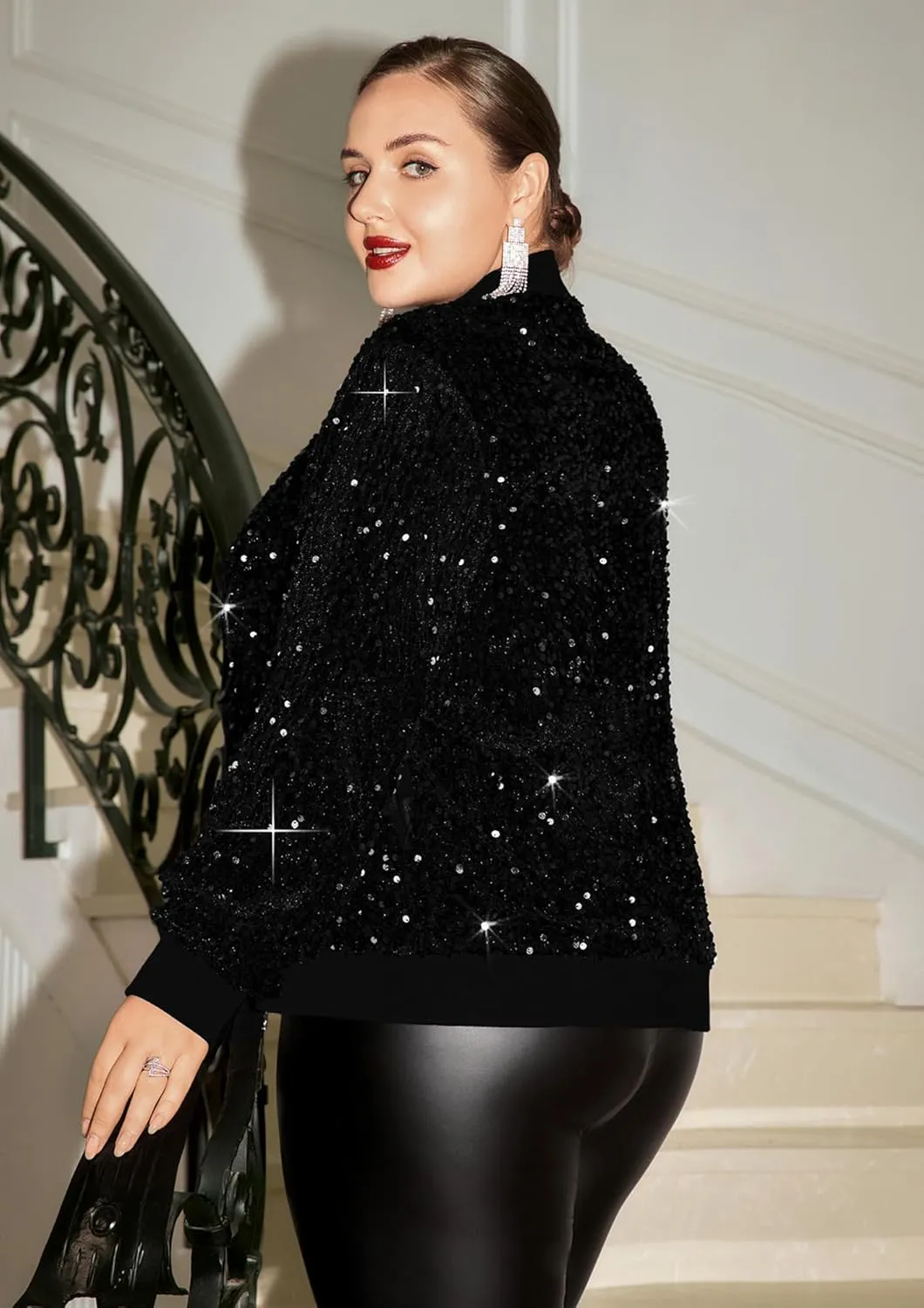 Hanna Nikole Women Plus Size Sequin Bomber Jacket Casual Long Sleeve Sparkly Blazer Bomber Jacket with Pockets for Party