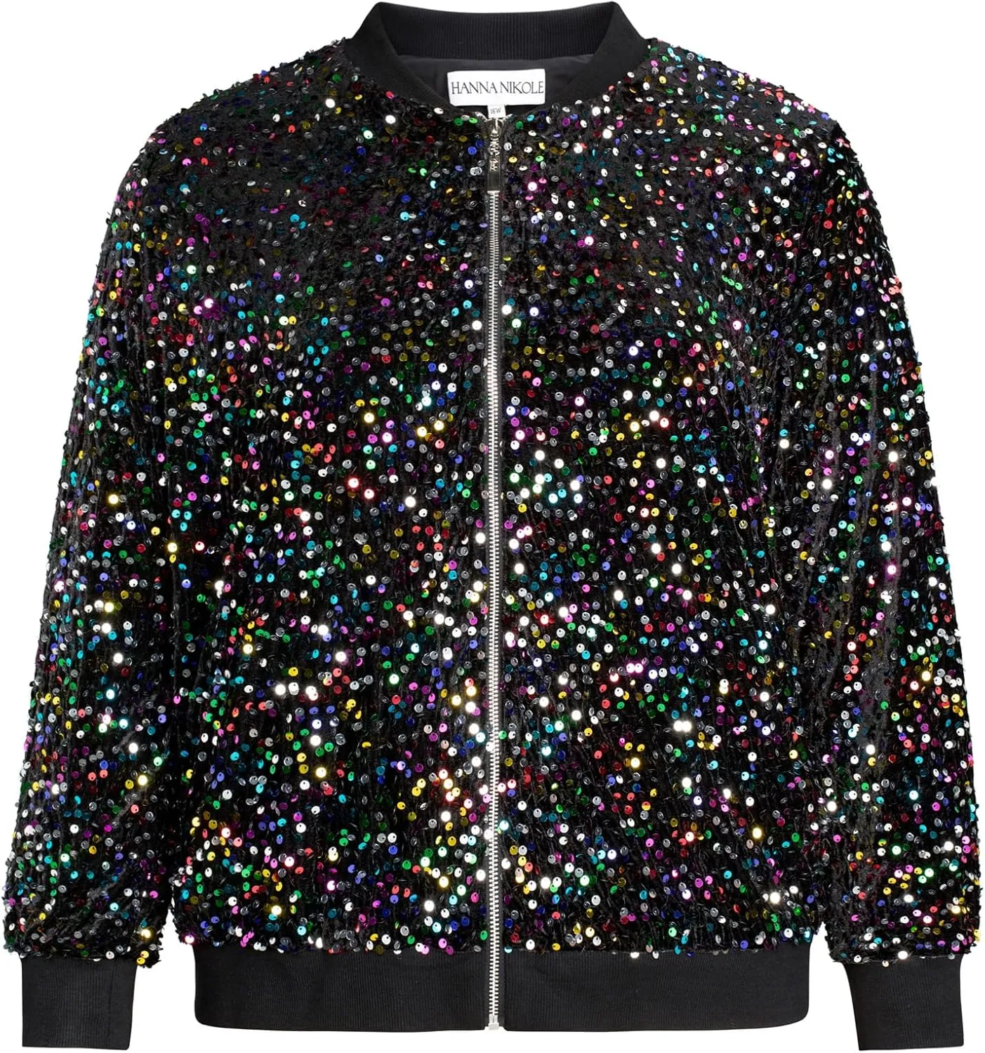 Hanna Nikole Women Plus Size Sequin Bomber Jacket Casual Long Sleeve Sparkly Blazer Bomber Jacket with Pockets for Party