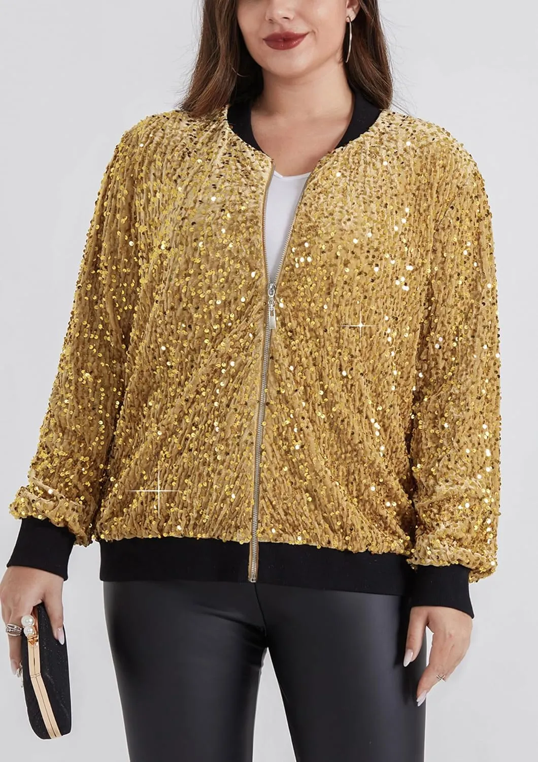 Hanna Nikole Women Plus Size Sequin Bomber Jacket Casual Long Sleeve Sparkly Blazer Bomber Jacket with Pockets for Party