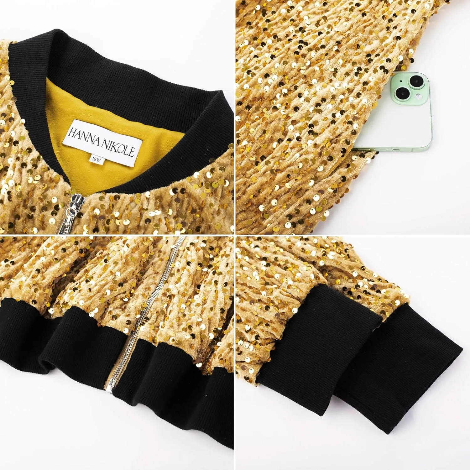 Hanna Nikole Women Plus Size Sequin Bomber Jacket Casual Long Sleeve Sparkly Blazer Bomber Jacket with Pockets for Party