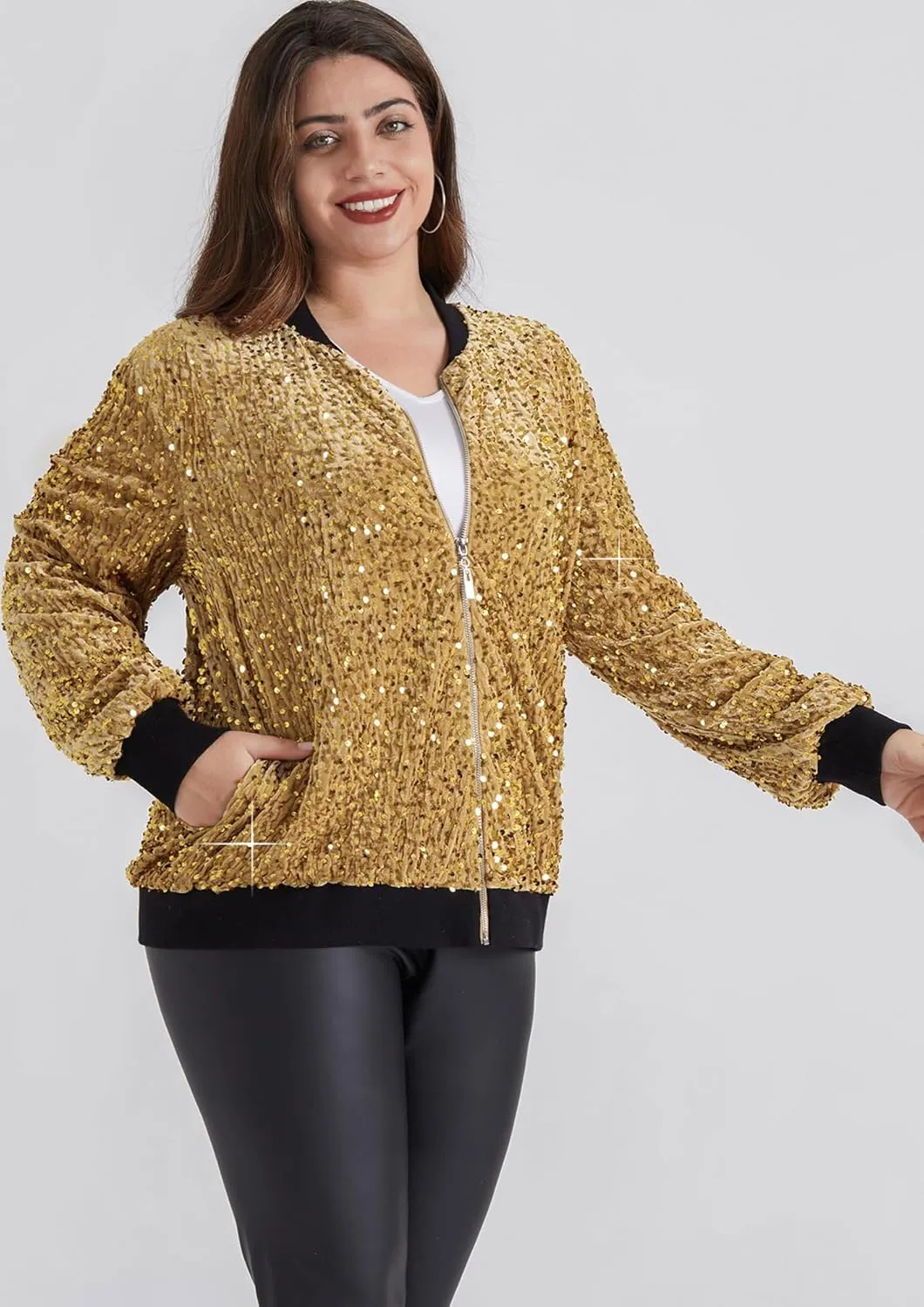Hanna Nikole Women Plus Size Sequin Bomber Jacket Casual Long Sleeve Sparkly Blazer Bomber Jacket with Pockets for Party