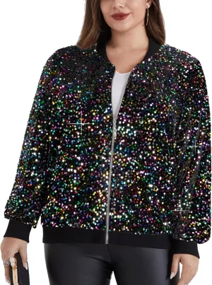 Hanna Nikole Women Plus Size Sequin Bomber Jacket Casual Long Sleeve Sparkly Blazer Bomber Jacket with Pockets for Party