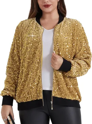 Hanna Nikole Women Plus Size Sequin Bomber Jacket Casual Long Sleeve Sparkly Blazer Bomber Jacket with Pockets for Party