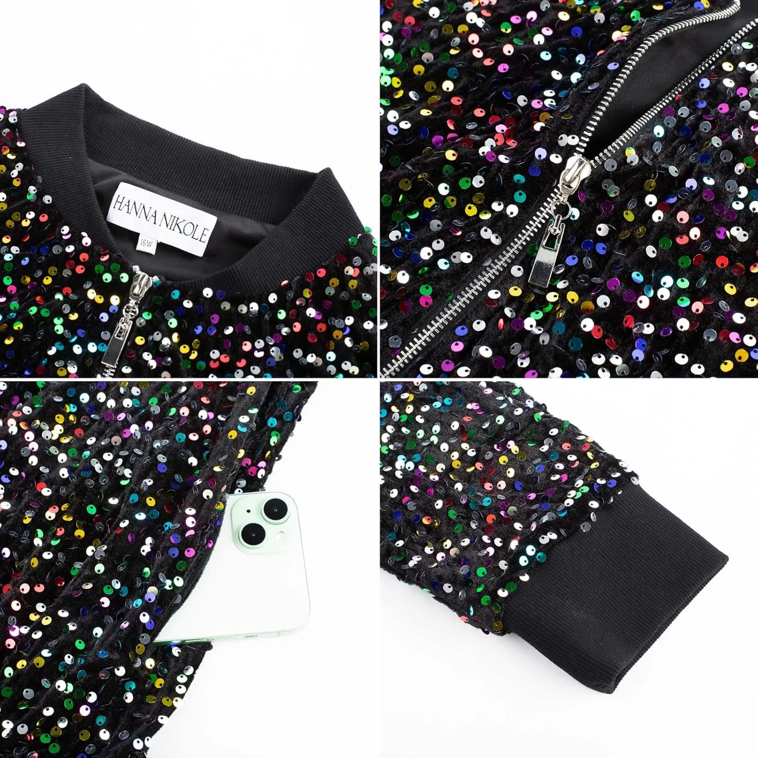 Hanna Nikole Women Plus Size Sequin Bomber Jacket Casual Long Sleeve Sparkly Blazer Bomber Jacket with Pockets for Party