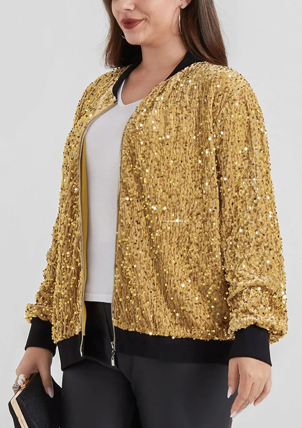 Hanna Nikole Women Plus Size Sequin Bomber Jacket Casual Long Sleeve Sparkly Blazer Bomber Jacket with Pockets for Party