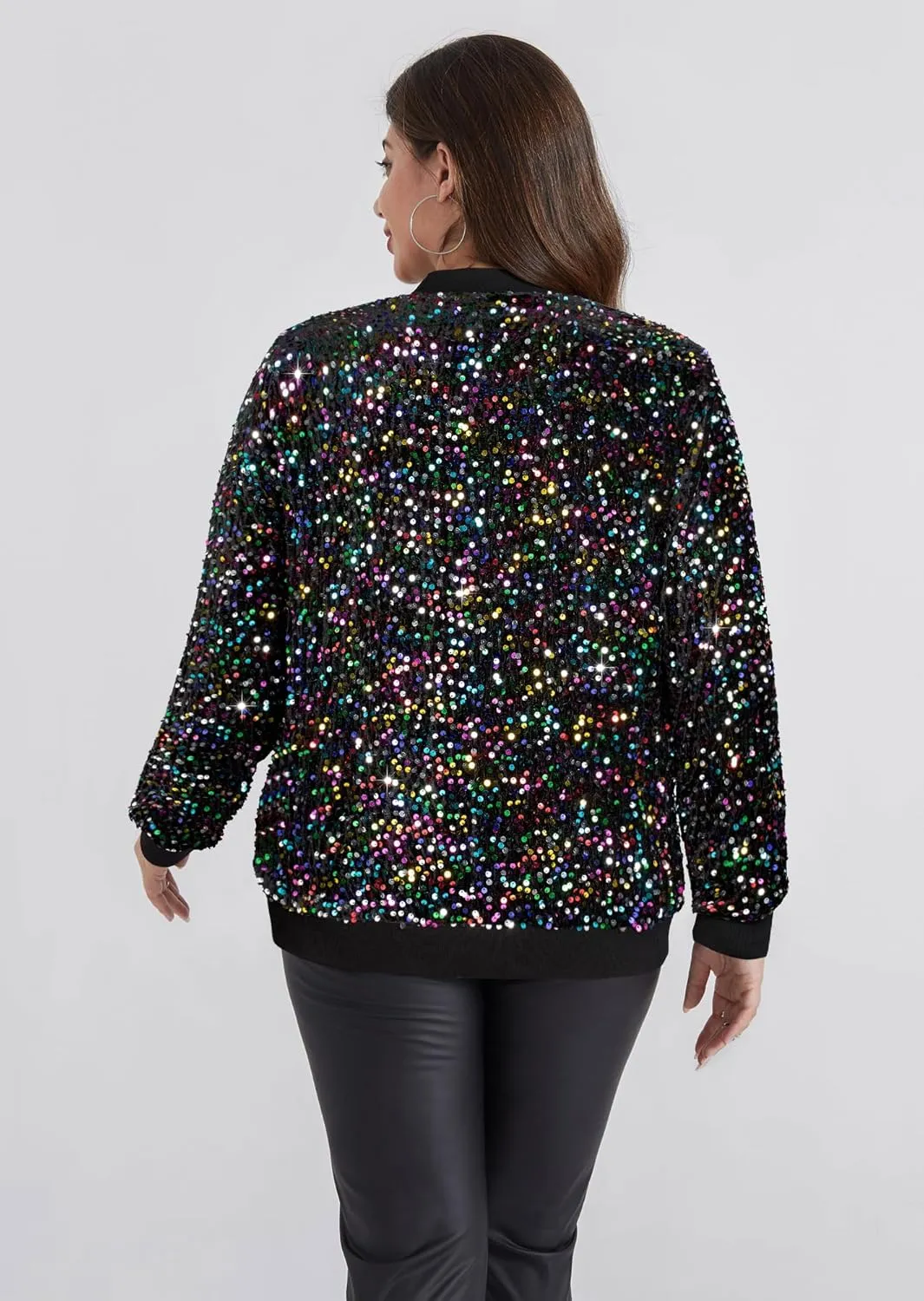 Hanna Nikole Women Plus Size Sequin Bomber Jacket Casual Long Sleeve Sparkly Blazer Bomber Jacket with Pockets for Party