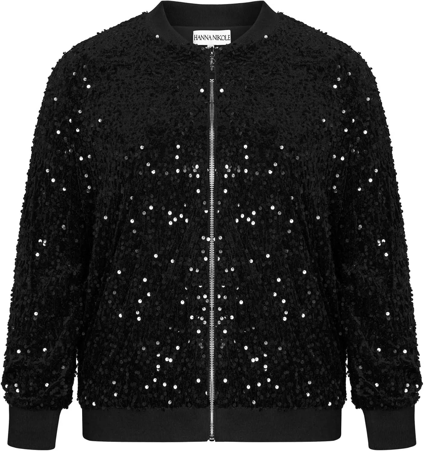 Hanna Nikole Women Plus Size Sequin Bomber Jacket Casual Long Sleeve Sparkly Blazer Bomber Jacket with Pockets for Party