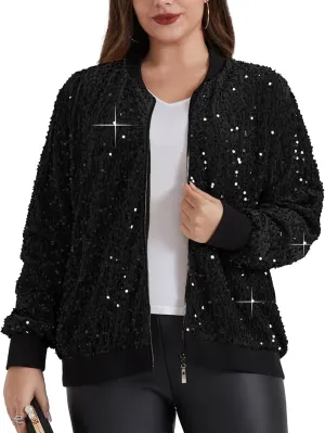 Hanna Nikole Women Plus Size Sequin Bomber Jacket Casual Long Sleeve Sparkly Blazer Bomber Jacket with Pockets for Party