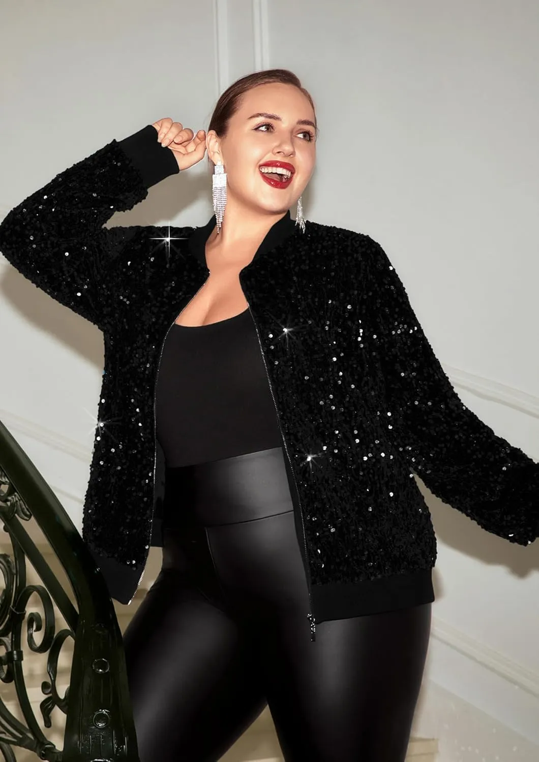 Hanna Nikole Women Plus Size Sequin Bomber Jacket Casual Long Sleeve Sparkly Blazer Bomber Jacket with Pockets for Party