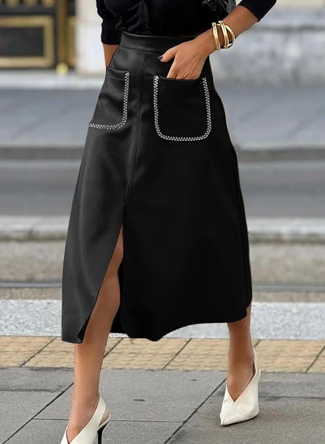 Happy Sailed Women's Faux Suede Skirt Spring Winter Elastic Waist Front Pockets A Line Midi Skirts with Split